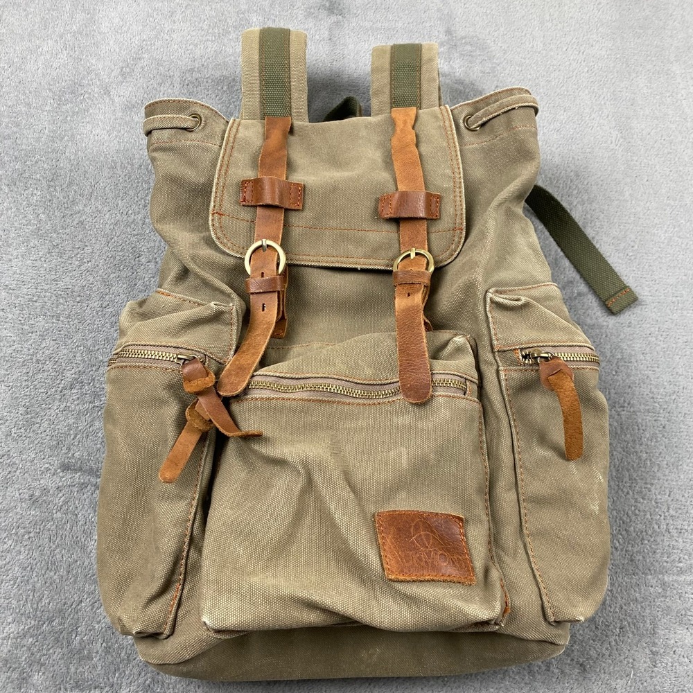 Aukmont Womens Large Backpack Olive Green Canvas Leather Straps Rucksack Vintage